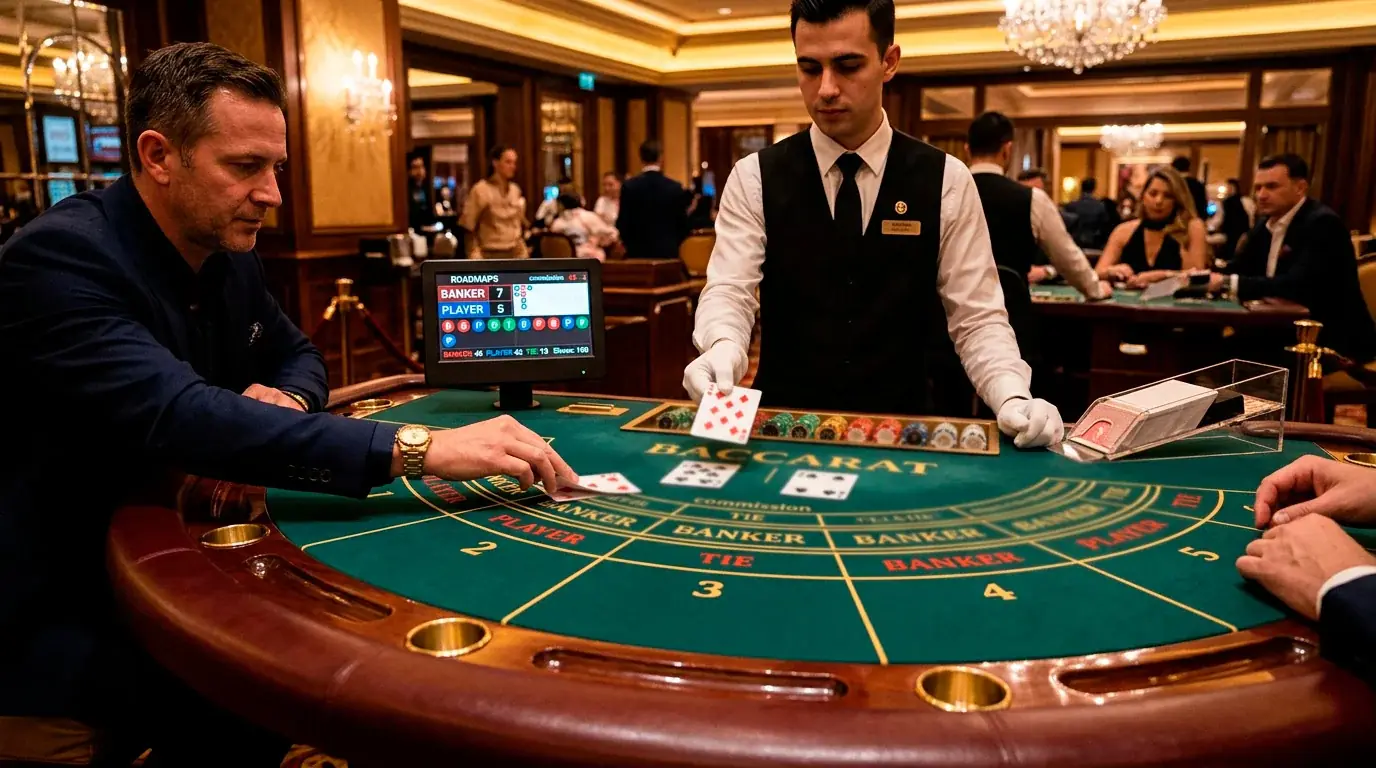 Elegant baccarat table setting with cards and scoreboard