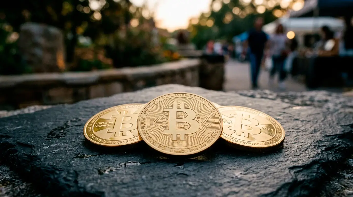 Physical Bitcoin Ethereum and Litecoin coins representing supported cryptocurrencies