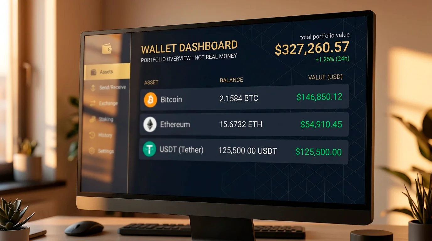 Cryptocurrency wallet interface displaying Bitcoin, Ethereum and stablecoin balances