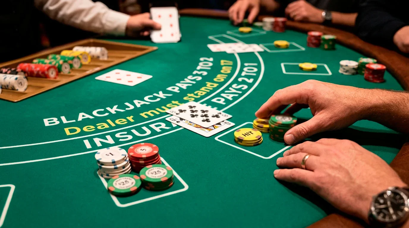 Blackjack hand showing strategic card play with chips on felt