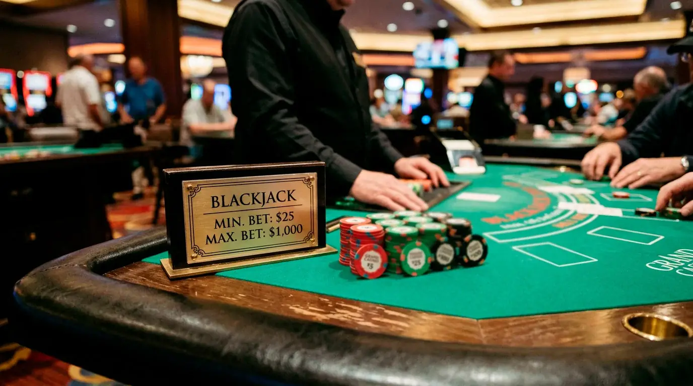 Blackjack table showing minimum and maximum stake limits placard
