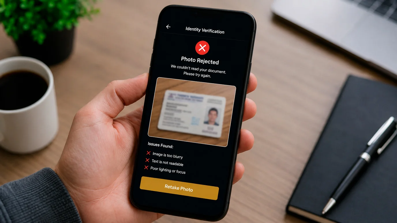 Common KYC rejection showing blurry document photo quality issues