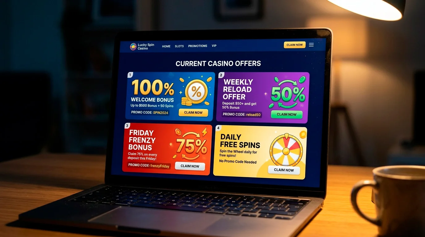 Casino promotions page showing active bonus codes and reload offers