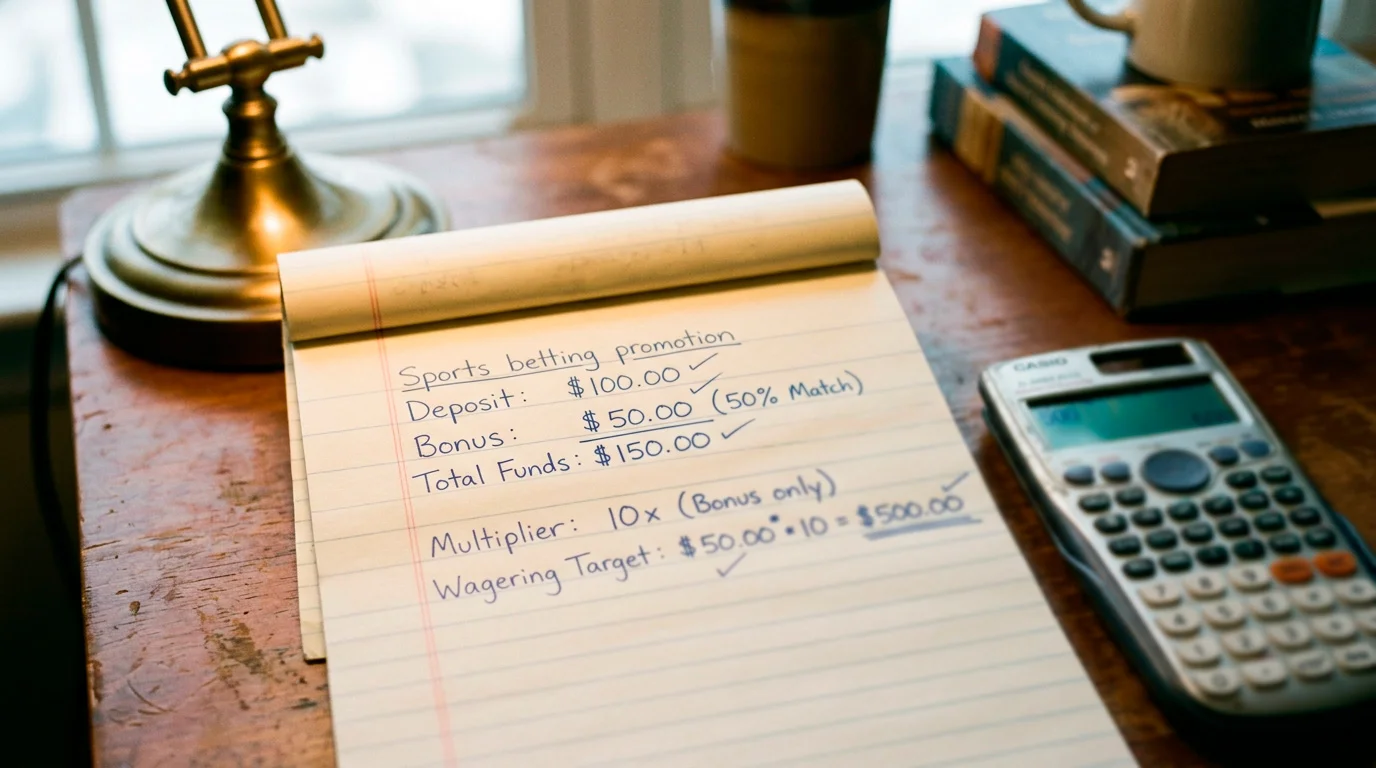 Bonus wagering calculation example written on a notepad with figures