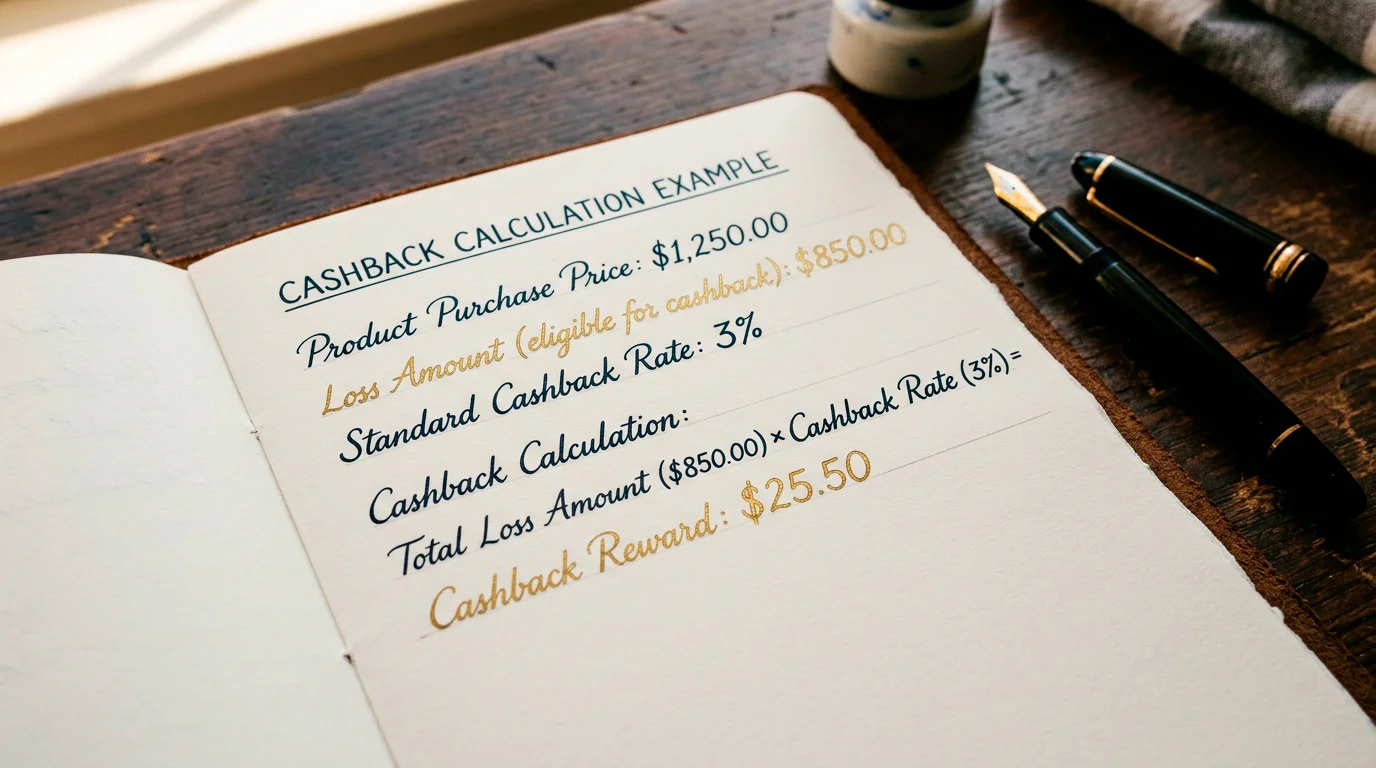Cashback calculation showing net loss percentage and payout frequency schedule
