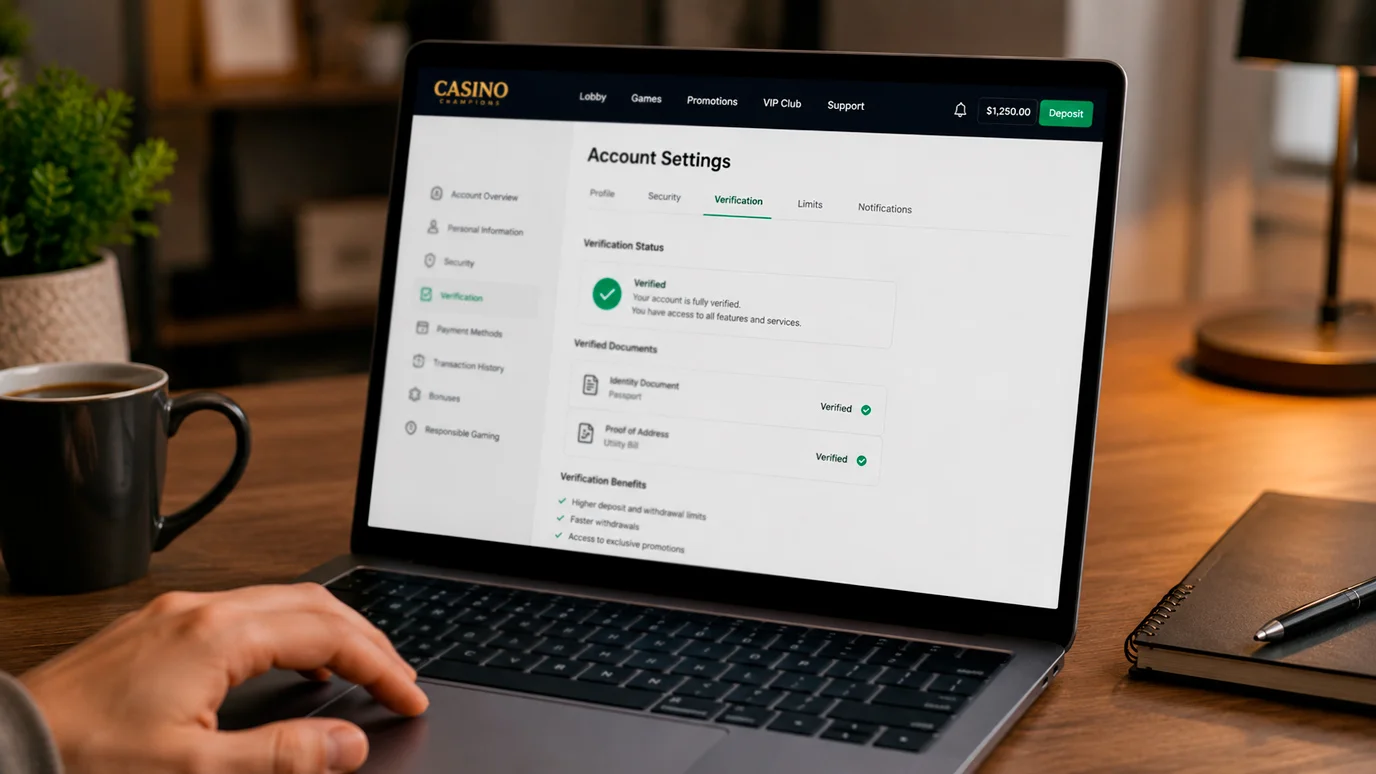 Casino account settings screen showing verification tab