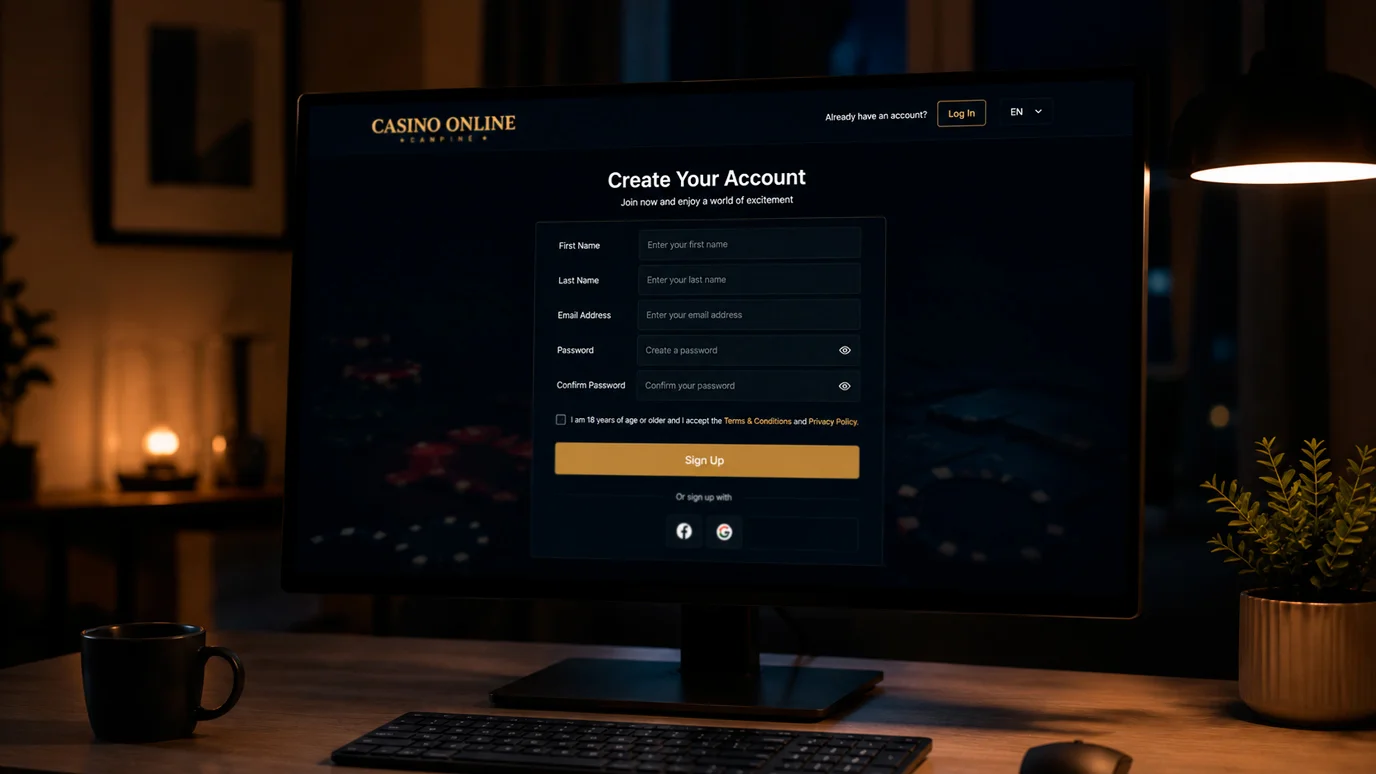 Casino registration form on desktop browser showing sign-up fields