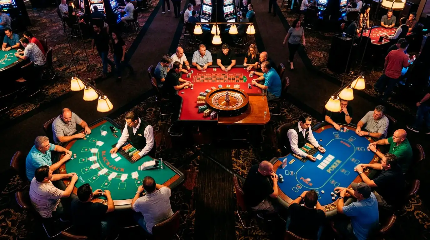 Collection of casino table games including blackjack roulette and poker