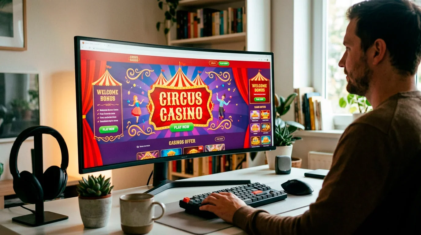 Rollino Casino circus theme landing page with vibrant design elements