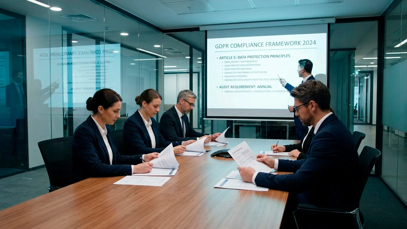Compliance audit team meeting discussing regulatory changes
