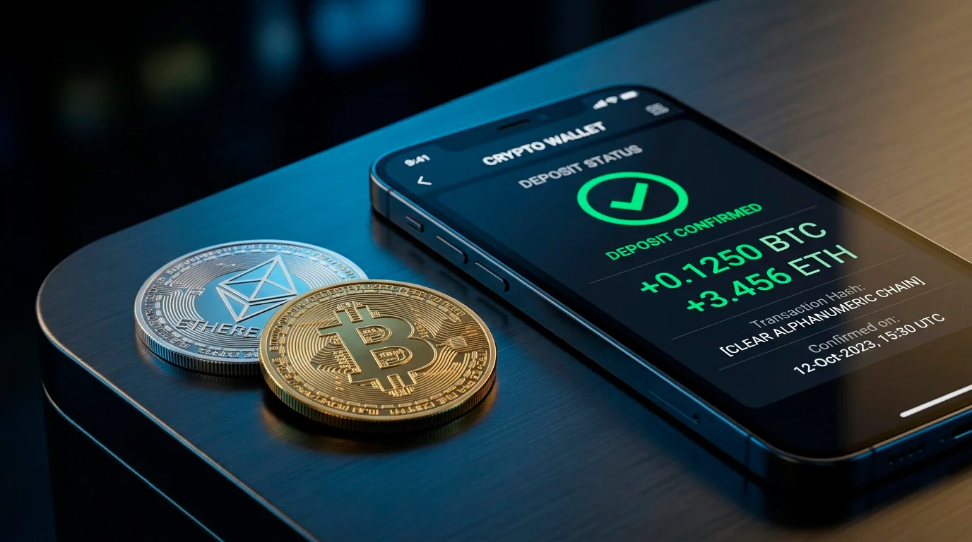 Bitcoin and Ethereum cryptocurrency coins near a laptop showing a deposit screen