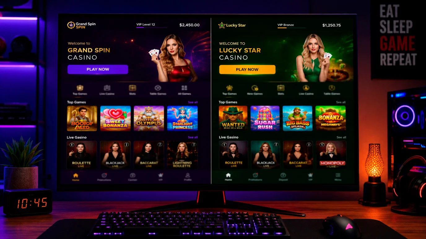 Two crypto casino lobbies compared side by side on desktop