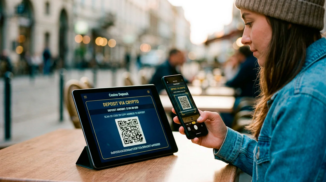 QR code screen for cryptocurrency deposit at online casino