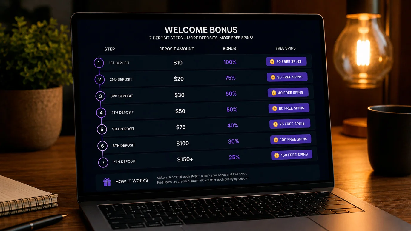 Deposit bonus free spins allocation across four deposits