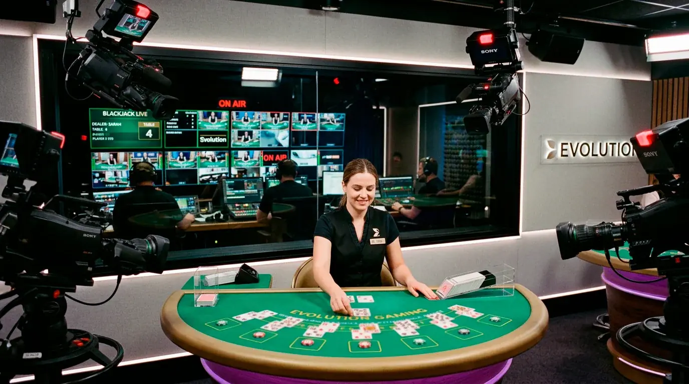 Live casino studio broadcast showing professional dealer setup