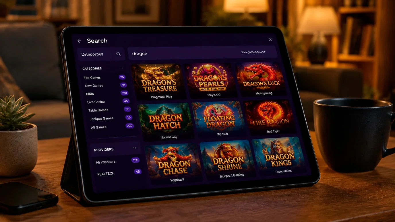 Game catalogue search results showing available titles at each casino