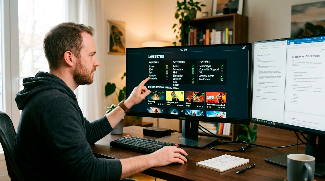 Casino game filter and search functionality on desktop interface