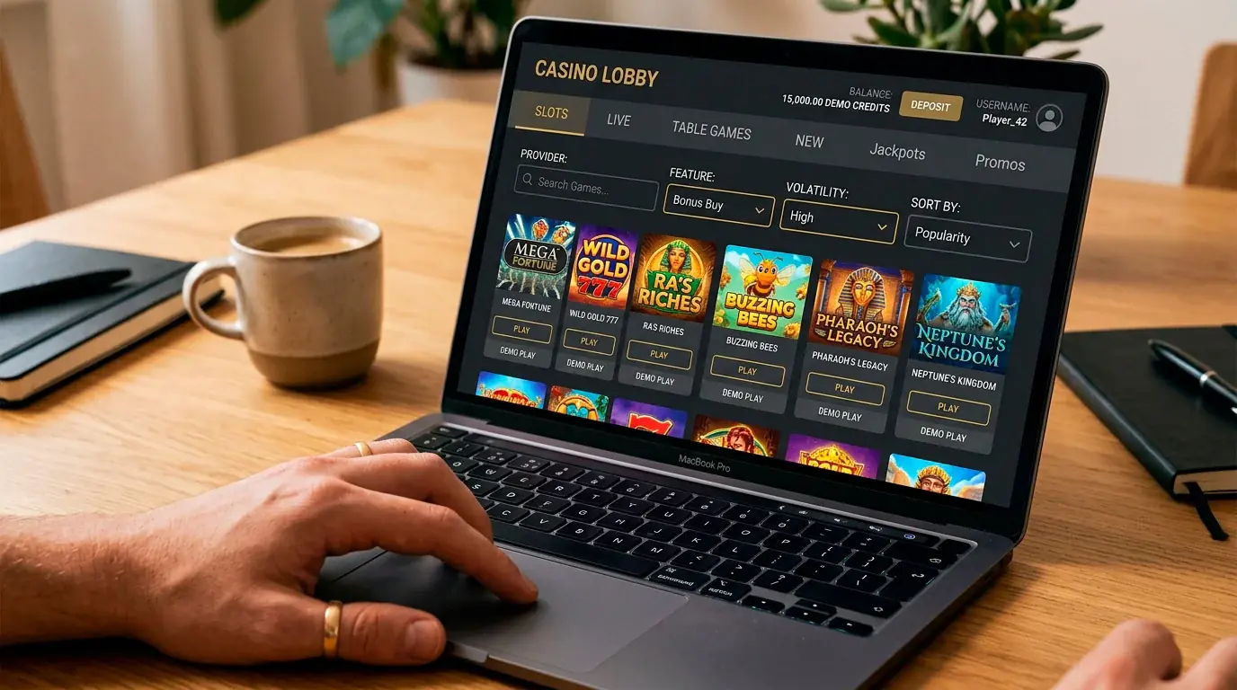 Casino game lobby with category filters, search bar and provider sorting options
