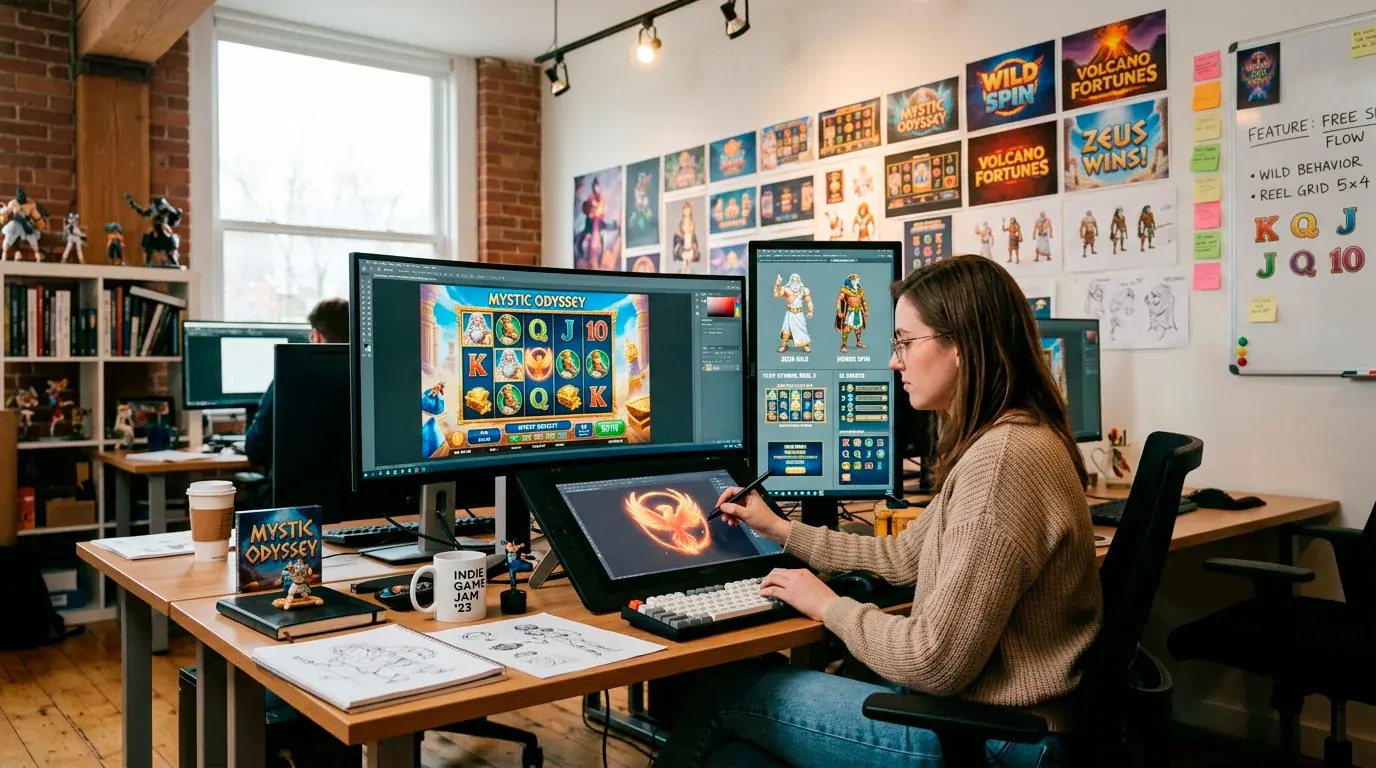 Game development studio workspace with slot designs on screens
