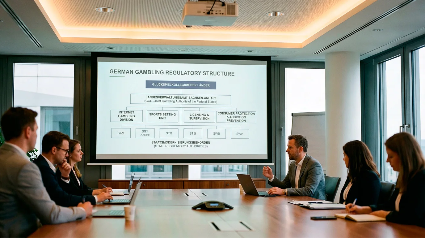 German GluStV regulatory framework structure chart on presentation screen