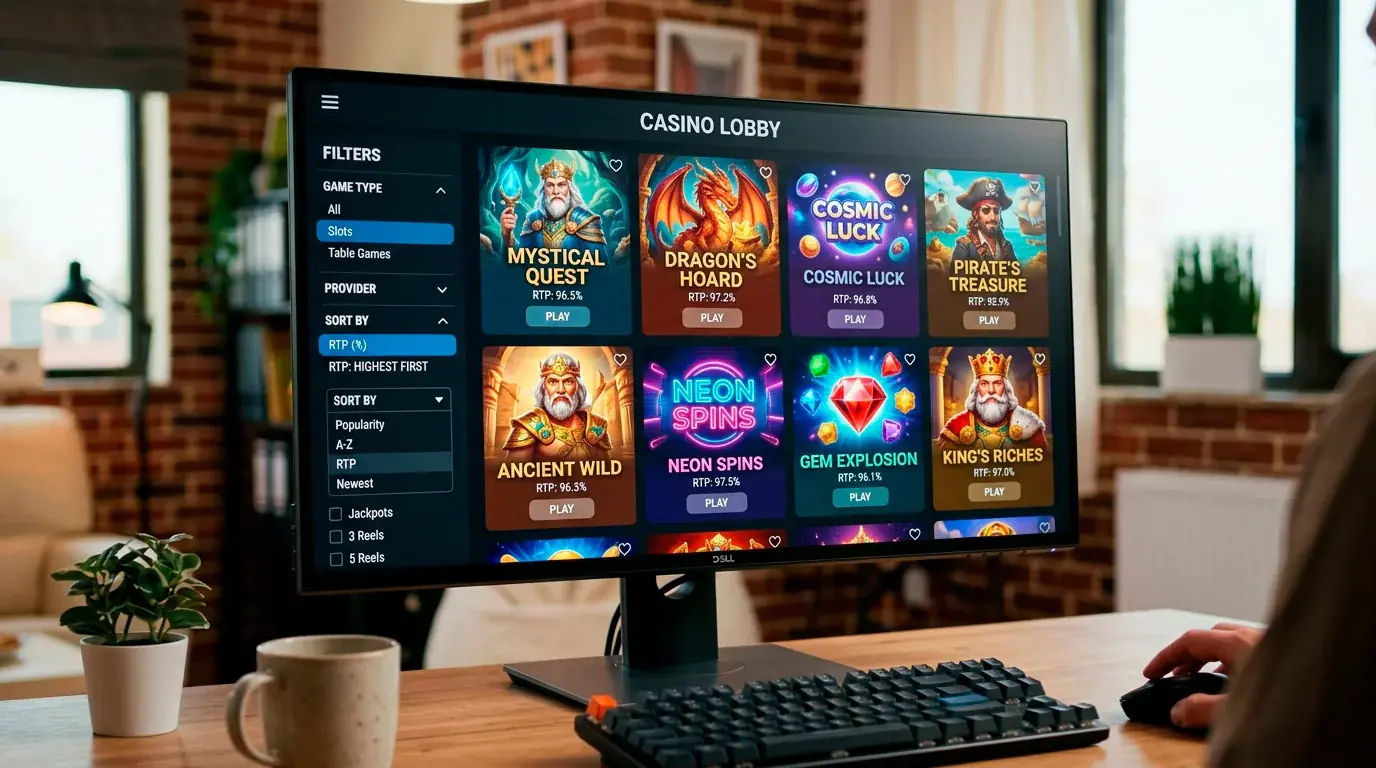 High RTP slot selection in casino game lobby with filter options