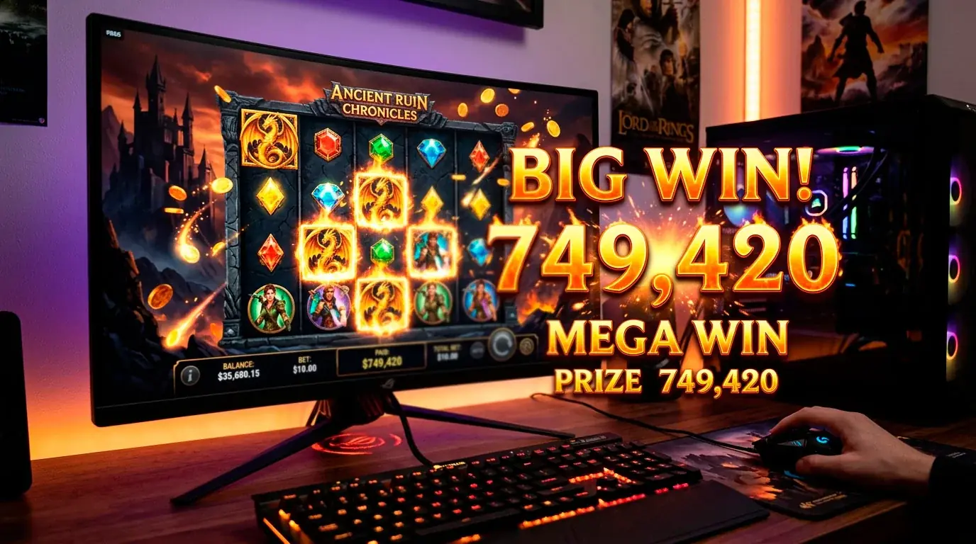 High volatility slot showing rare large win celebration screen