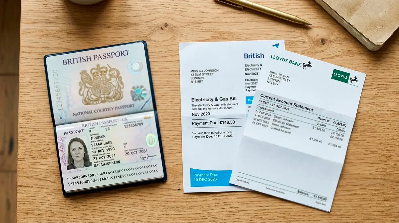 Identity verification documents including passport and utility bill