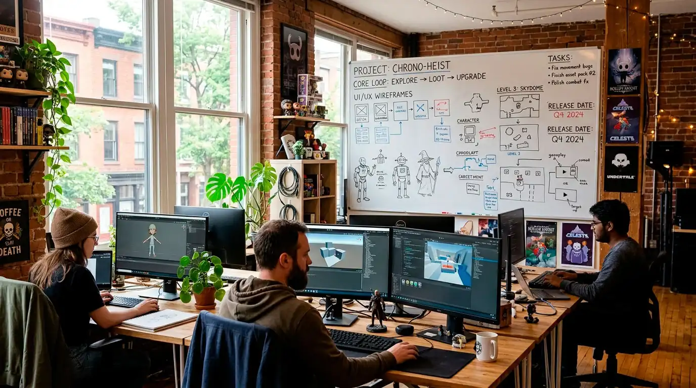 Independent game studio creative office with unique game concepts