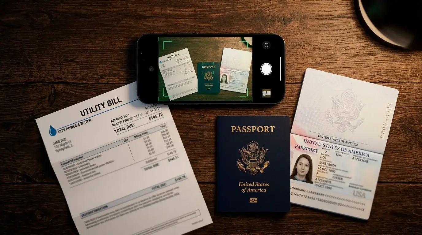Identity verification process with passport and proof of address documents