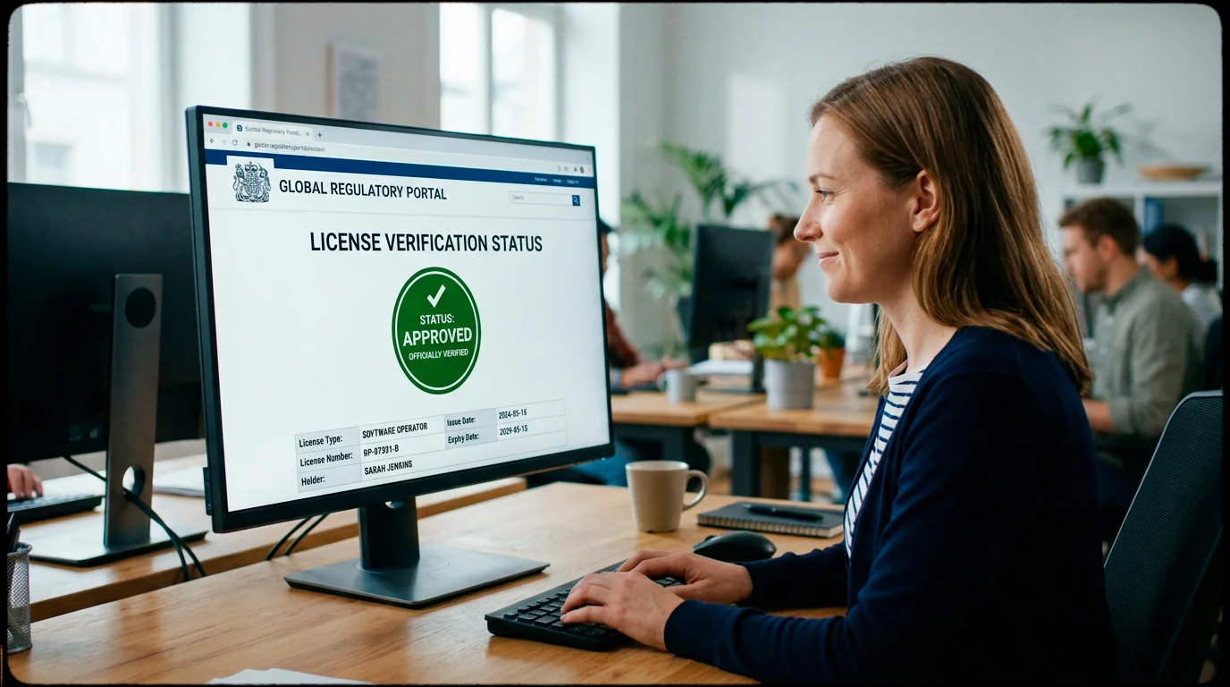 Casino licence verification seal showing green approved status badge