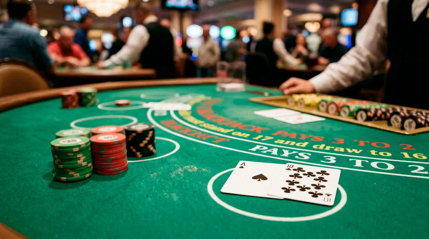 Live blackjack table with cards dealt and poker chips stacked