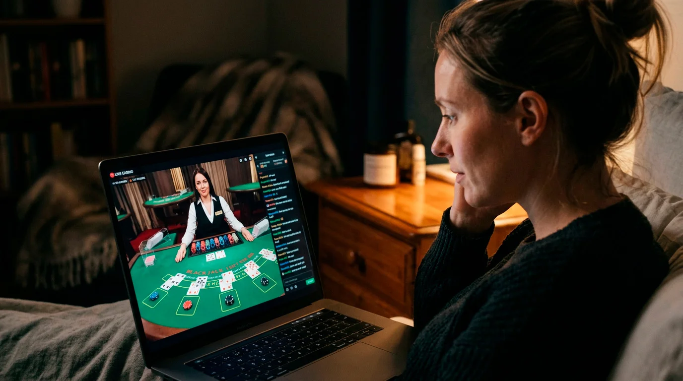 Live dealer casino table with professional croupier dealing blackjack cards