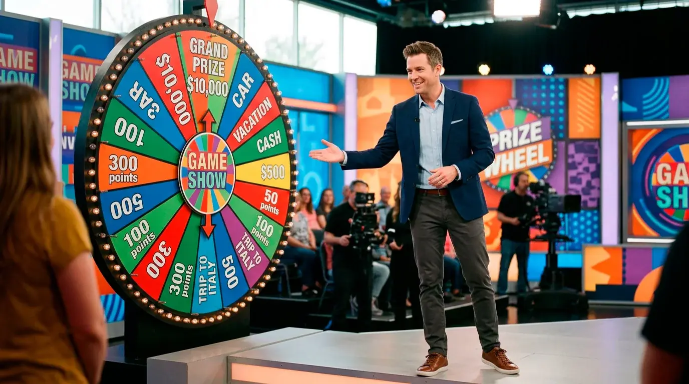 Live game show host standing next to a large spinning prize wheel