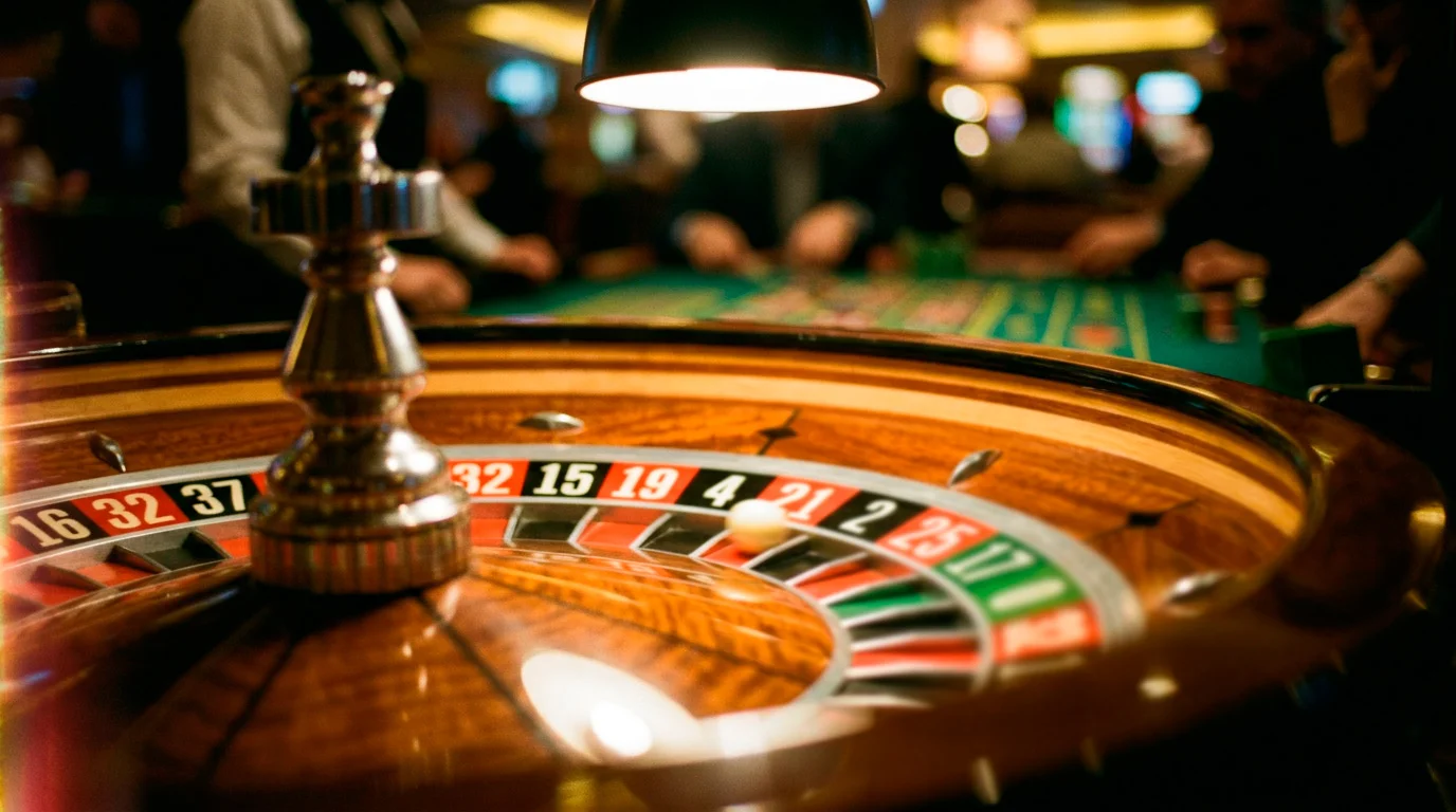 Live roulette wheel spinning with ball in motion on the track
