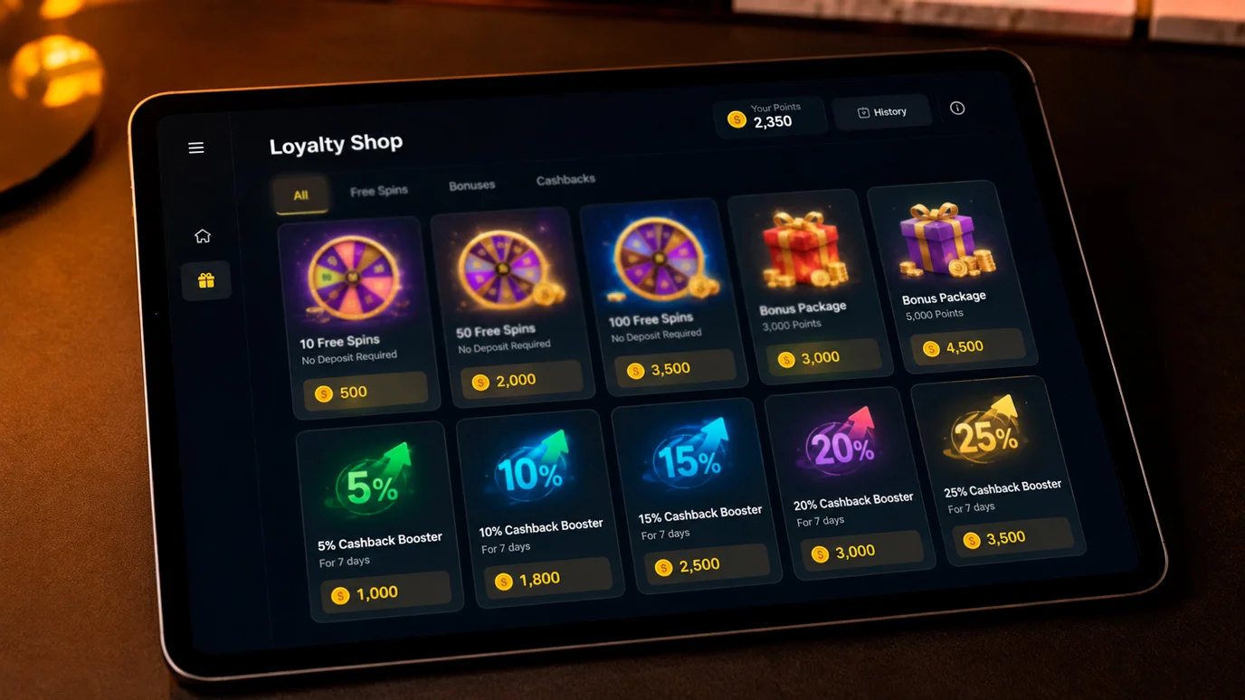 Loyalty point redemption shop with free spins bundles, bonus packages and cashback boosters
