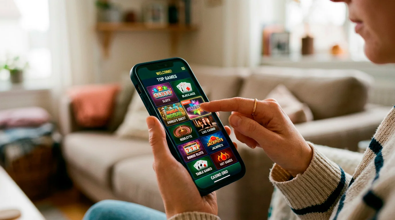 Mobile casino lobby on touchscreen device with game categories