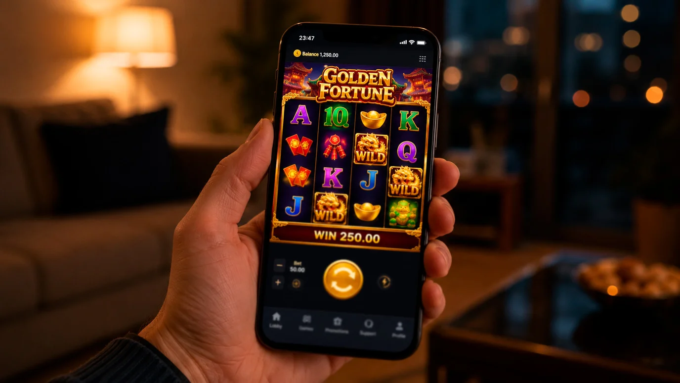 Smartphone displaying online casino slot game on a mobile browser