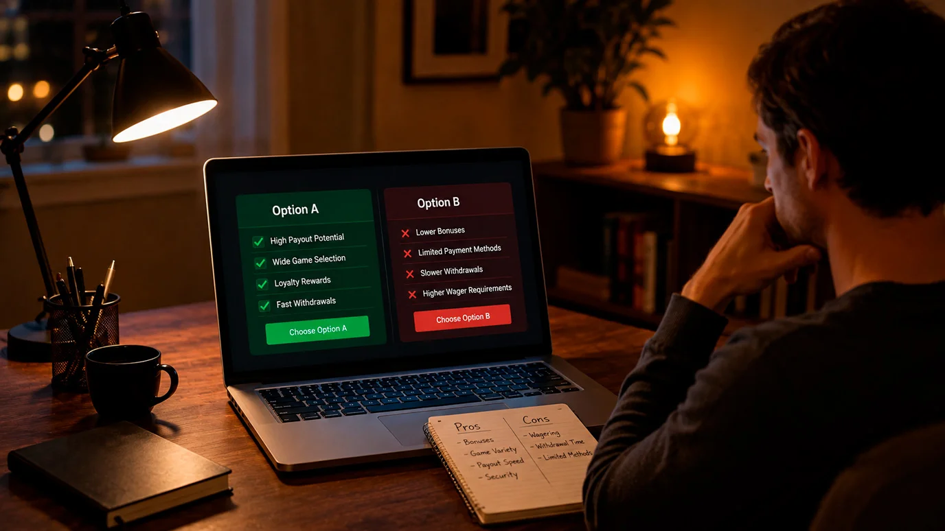 Person evaluating online casino options on a laptop with notes