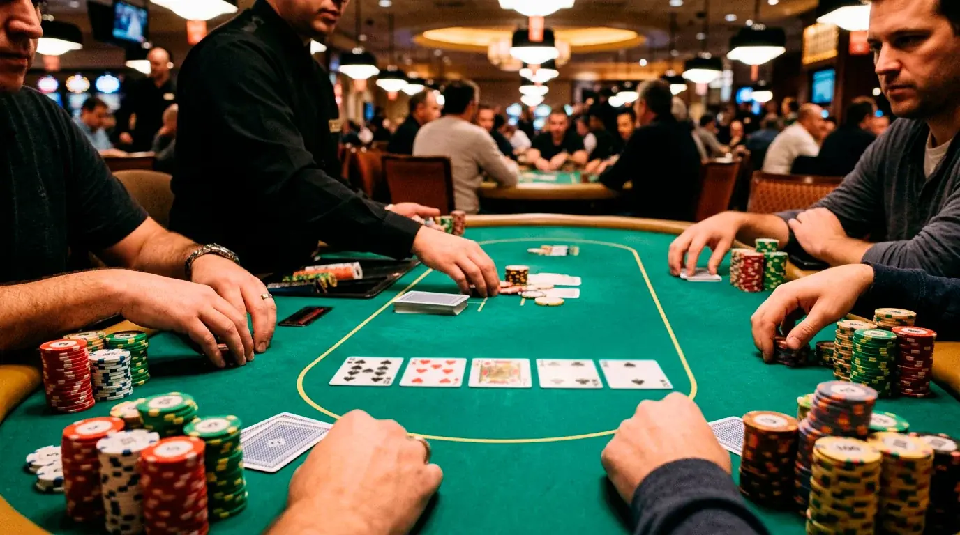 Poker table with cards dealt face up and chip stacks visible