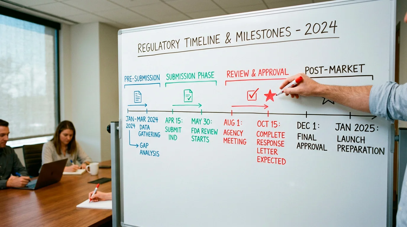 Regulatory reform timeline drawn on a whiteboard with key dates