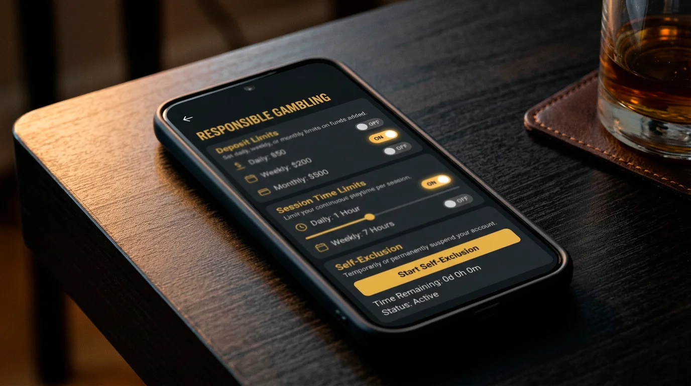 Responsible gambling dashboard with deposit limits, session controls and self-exclusion options