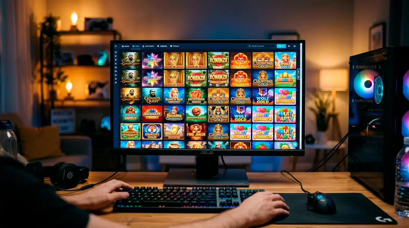 Browsing a large slot game library on casino platform