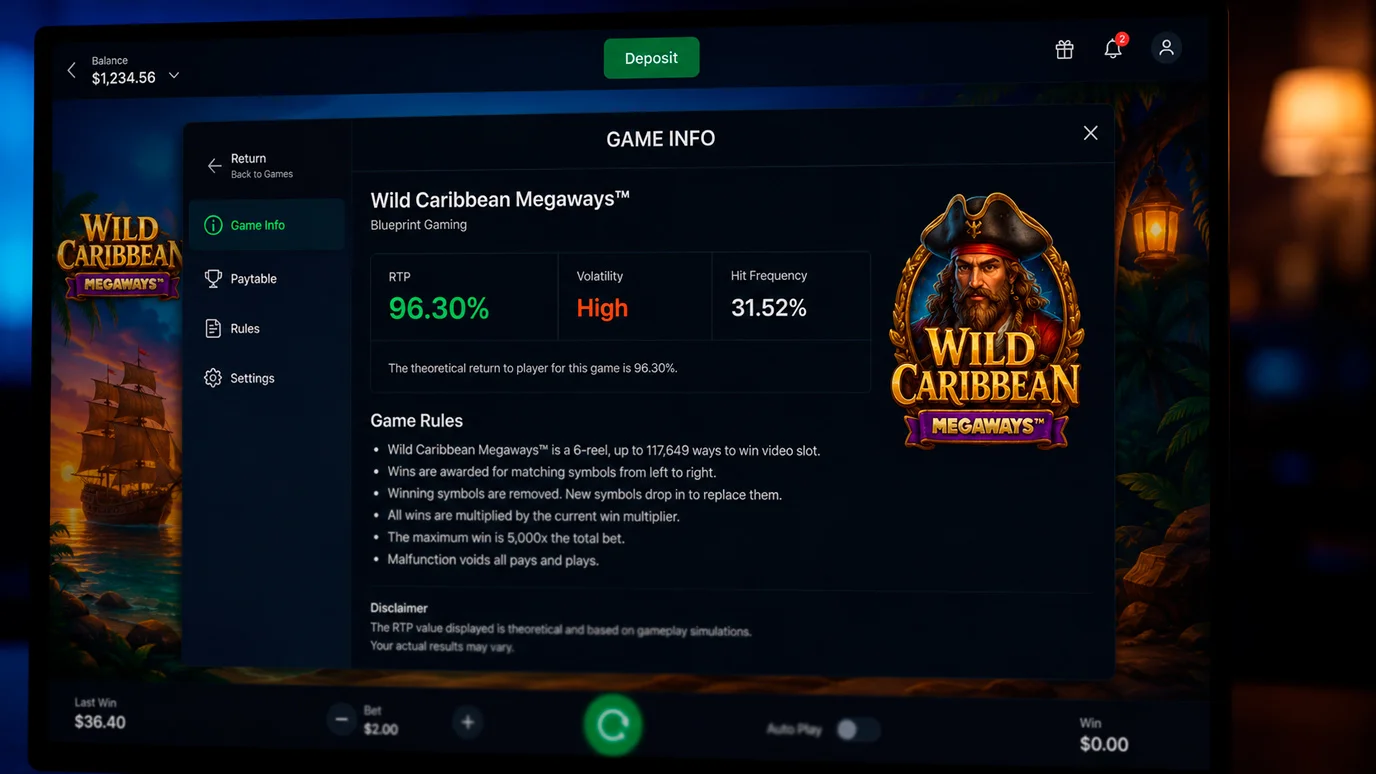 Slot machine RTP display showing payout rate percentage on screen
