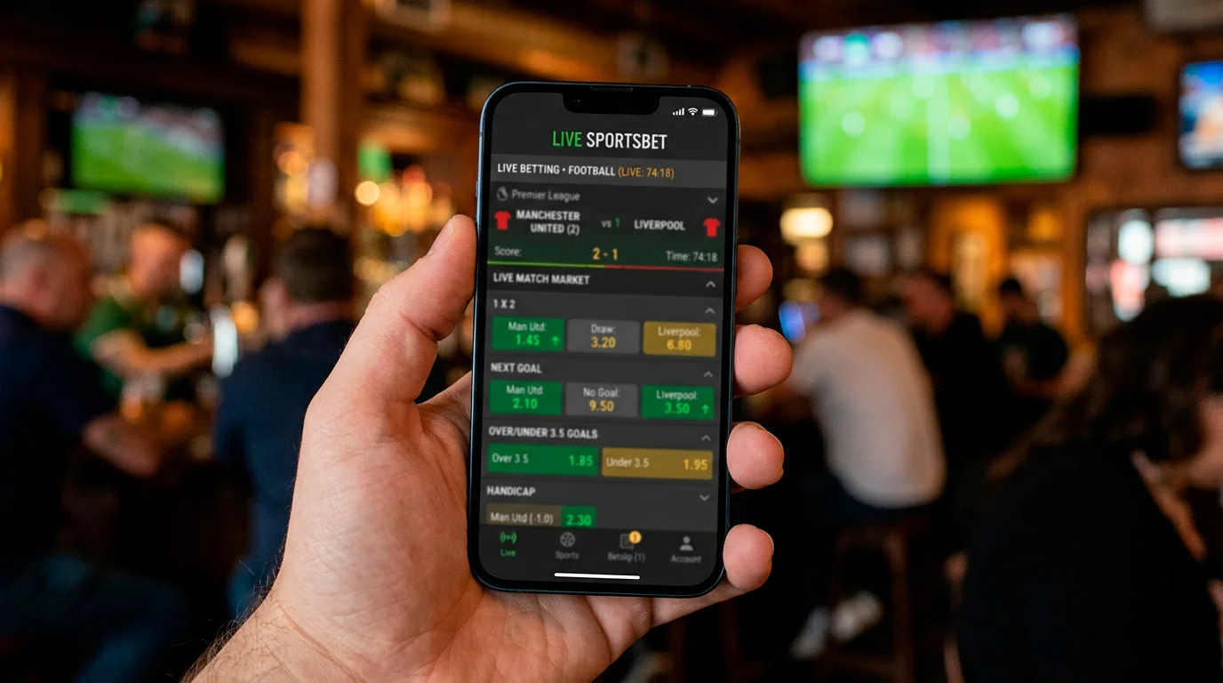 Sportsbook live betting interface showing football match odds and in-play markets