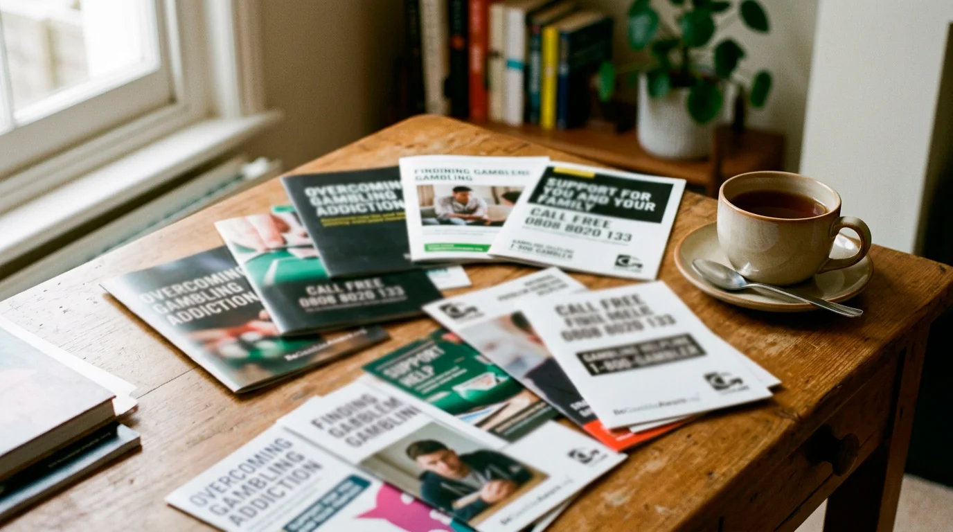 Gambling support brochure and help resource materials on desk