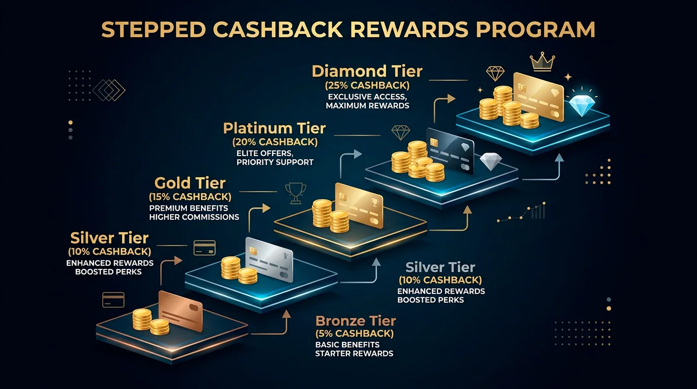 Five VIP tier levels with escalating cashback rates from 5 percent to 25 percent