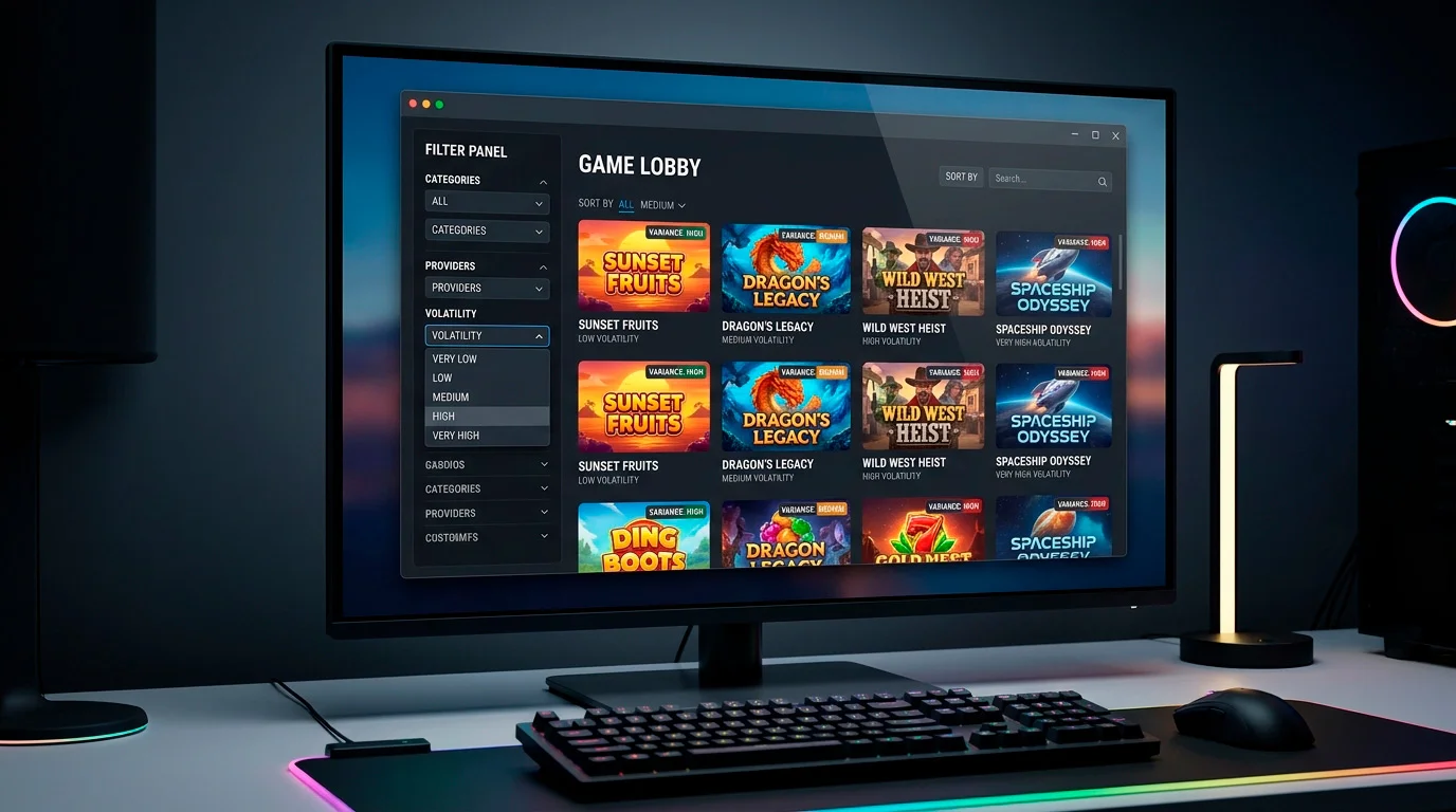 Casino game lobby with volatility filter applied showing sorted results