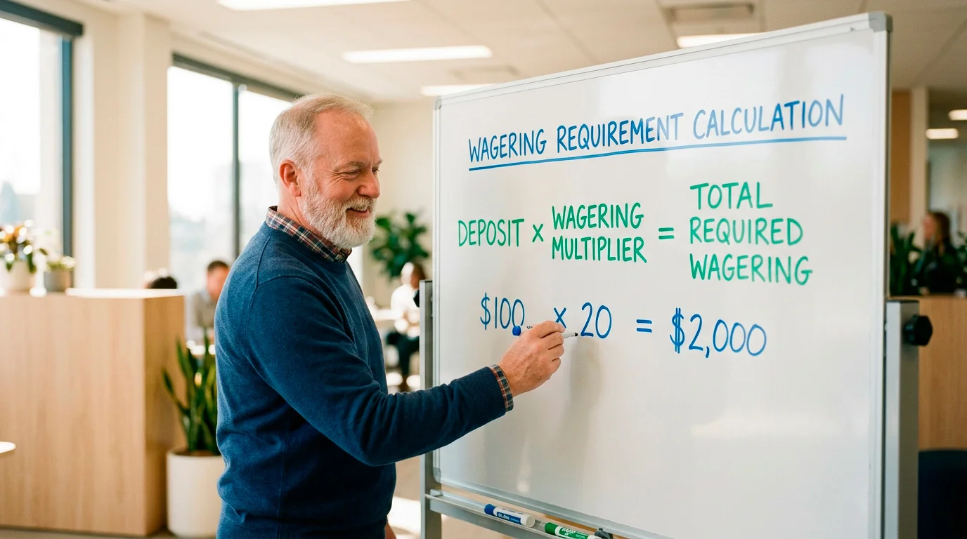 Wagering requirement formula written on office whiteboard